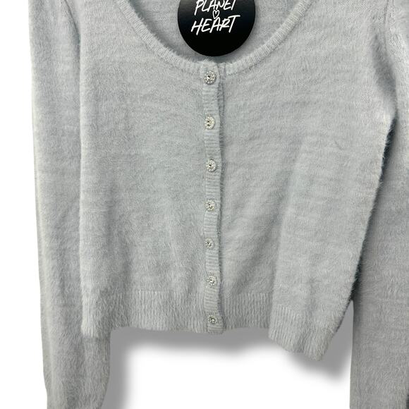 NEW Planet Heart Light Blue Soft Eyelash Knit Cardigan L Pearl Gem Button Fuzzy - Picture 2 of 9